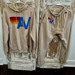 Aviator Nation Tan Joggers with Blue and Red Accents